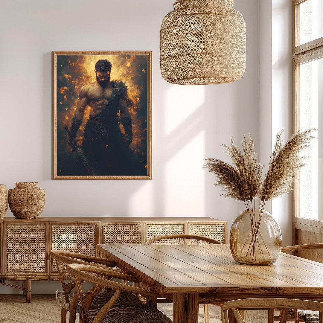 This breathtaking artwork captures the essence of a warrior enveloped in dynamic flames, for Extra Kitchen