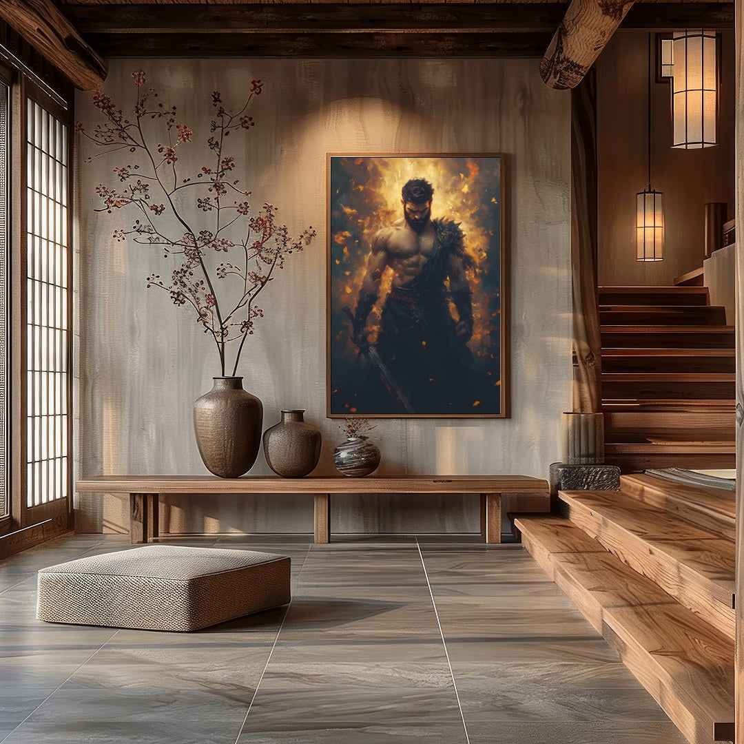 This breathtaking artwork captures the essence of a warrior enveloped in dynamic flames, for Hall