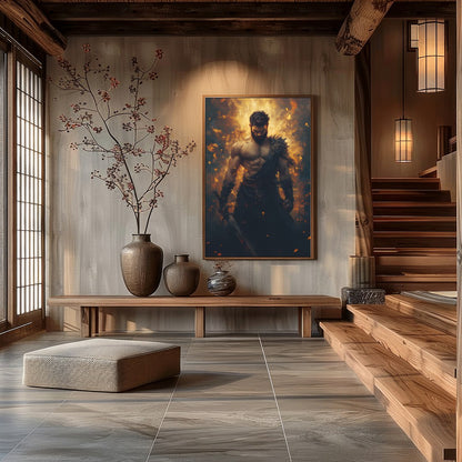 This breathtaking artwork captures the essence of a warrior enveloped in dynamic flames, for Hall