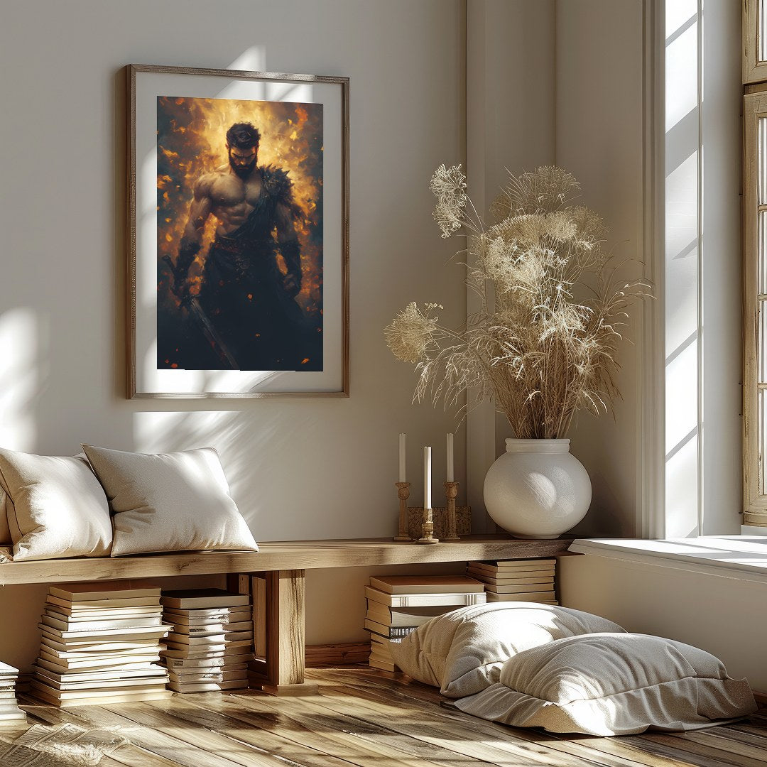 This breathtaking artwork captures the essence of a warrior enveloped in dynamic flames, for hallway
