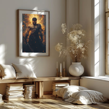 This breathtaking artwork captures the essence of a warrior enveloped in dynamic flames, for hallway