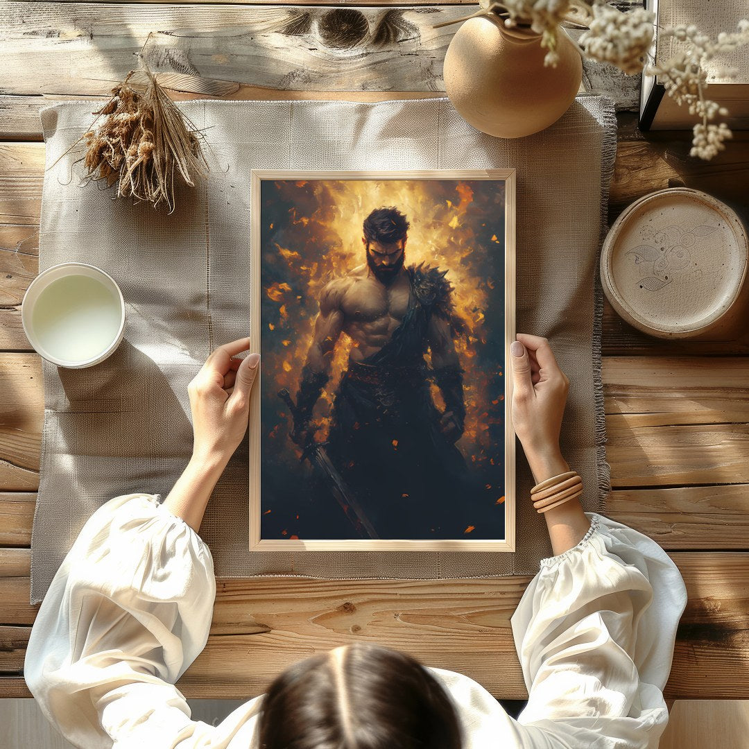 This breathtaking artwork captures the essence of a warrior enveloped in dynamic flames, for Kitchen