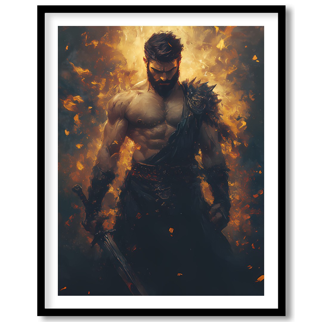 This breathtaking artwork captures the essence of a warrior enveloped in dynamic flames, for living-space