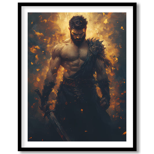 This breathtaking artwork captures the essence of a warrior enveloped in dynamic flames, for living-space