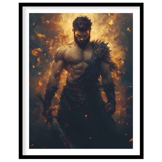 This breathtaking artwork captures the essence of a warrior enveloped in dynamic flames, for living-space
