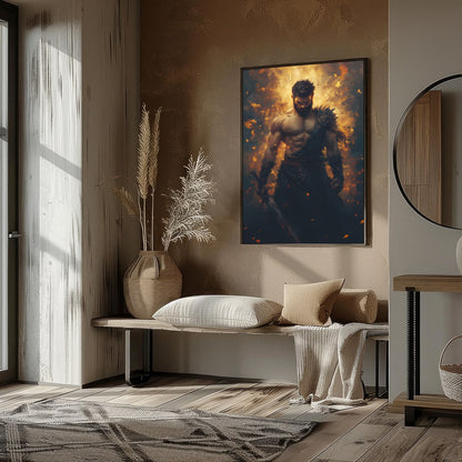 This breathtaking artwork captures the essence of a warrior enveloped in dynamic flames, for nook