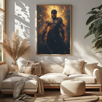 This breathtaking artwork captures the essence of a warrior enveloped in dynamic flames, for Sitting Area