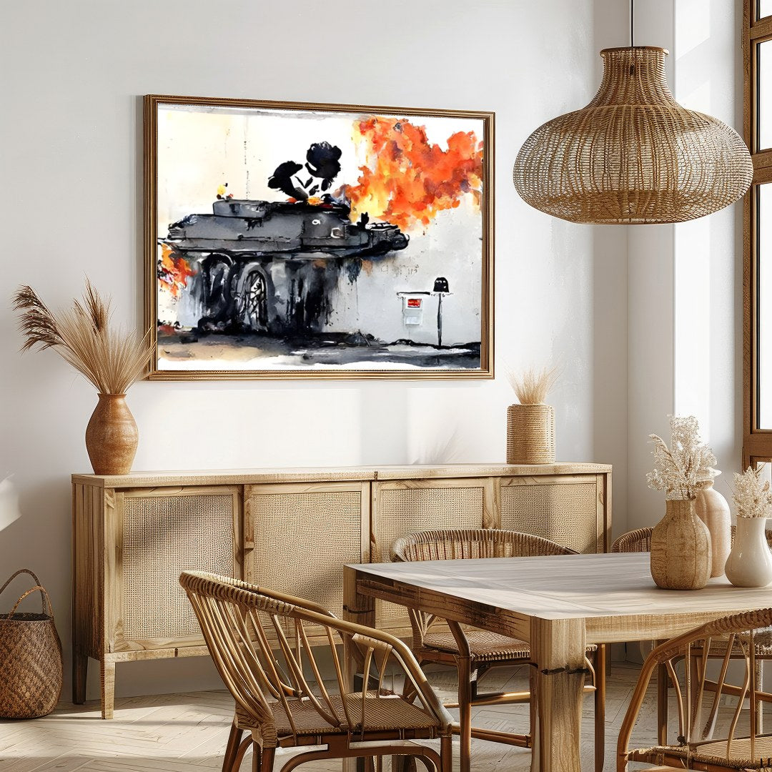 This bold piece captures the raw energy and chaos of urban street art, featuring a graffiti-styled for Dining