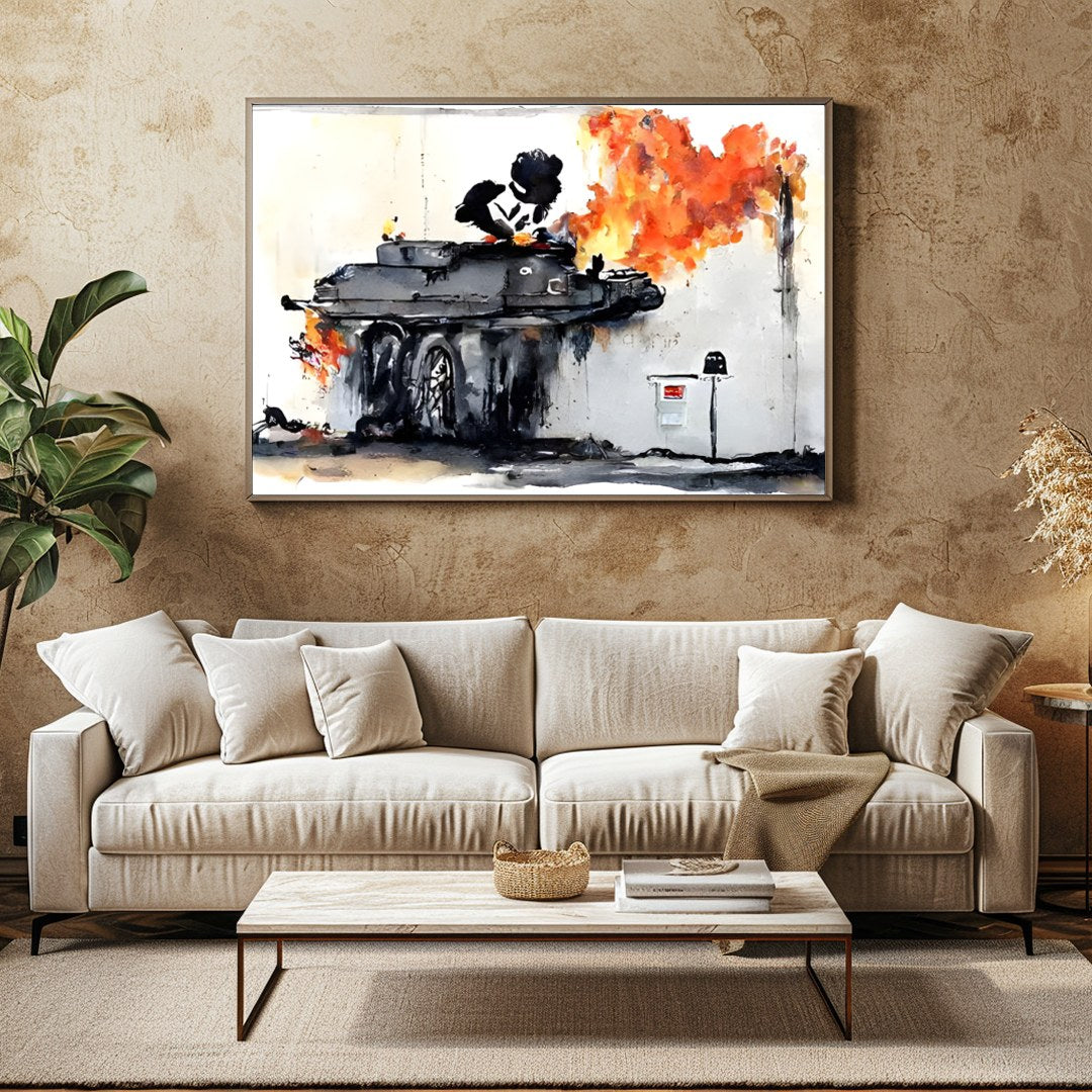 This bold piece captures the raw energy and chaos of urban street art, featuring a graffiti-styled for Family Room