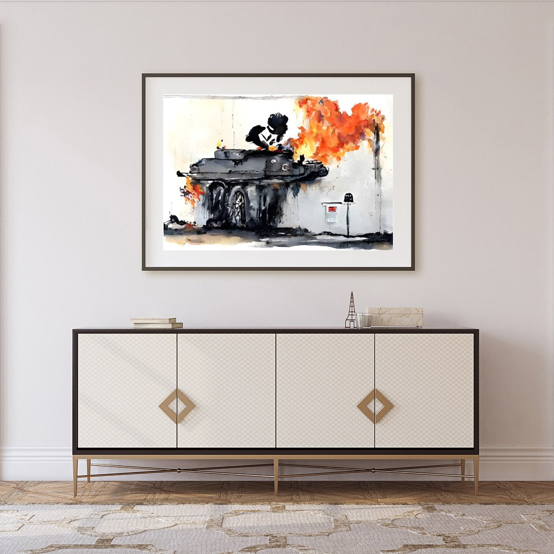 This bold piece captures the raw energy and chaos of urban street art, featuring a graffiti-styled for Foyer