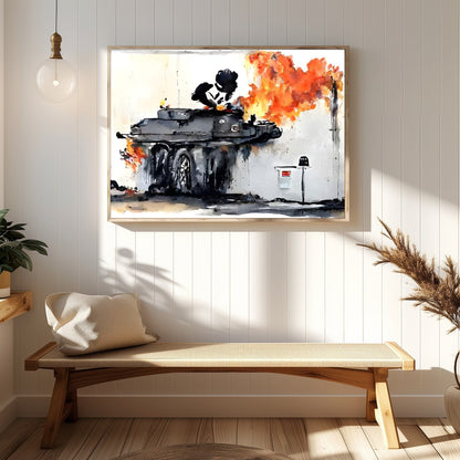 This bold piece captures the raw energy and chaos of urban street art, featuring a graffiti-styled for Hallway