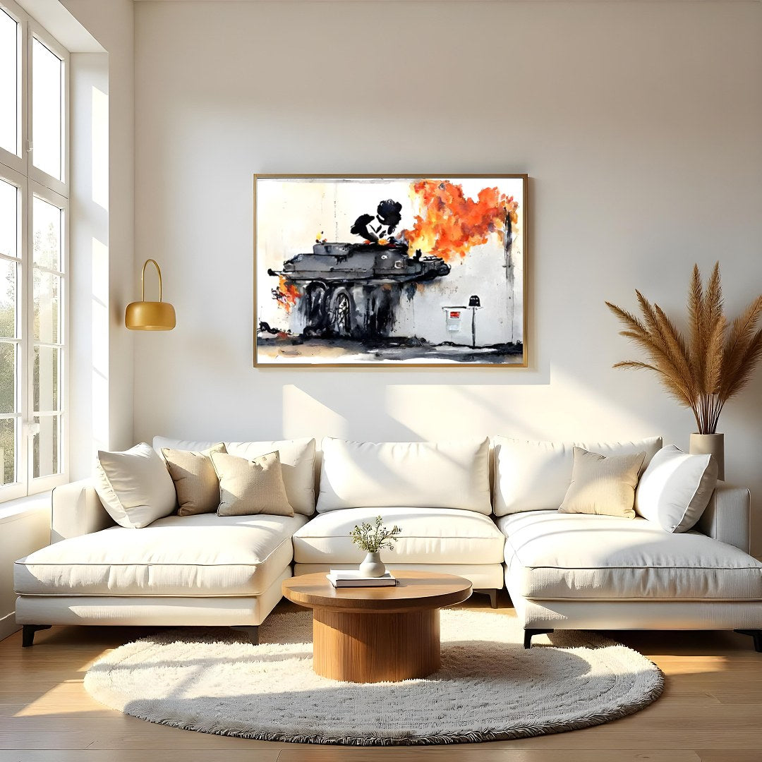 This bold piece captures the raw energy and chaos of urban street art, featuring a graffiti-styled for Living Room