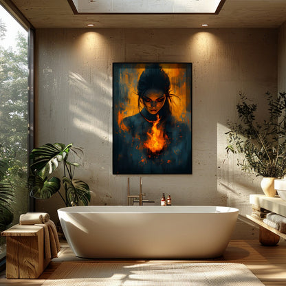 Immerse yourself in the captivating balance of fire and mystery with this evocative artwork. for Bathroom