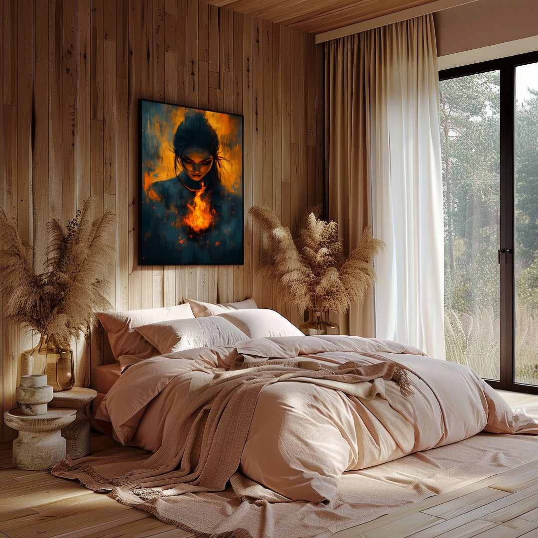 Immerse yourself in the captivating balance of fire and mystery with this evocative artwork. for Bedroom