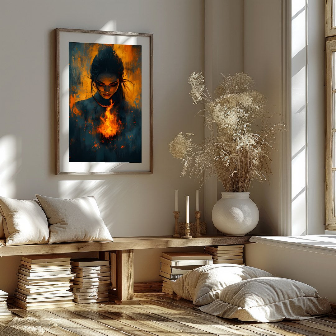 Immerse yourself in the captivating balance of fire and mystery with this evocative artwork. for dwelling