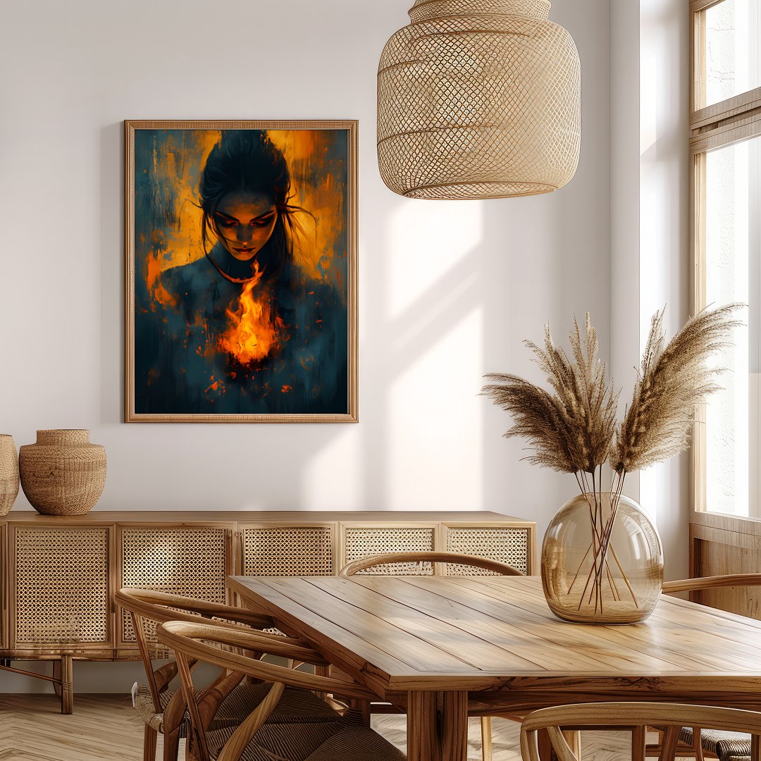 Immerse yourself in the captivating balance of fire and mystery with this evocative artwork. for Extra Kitchen