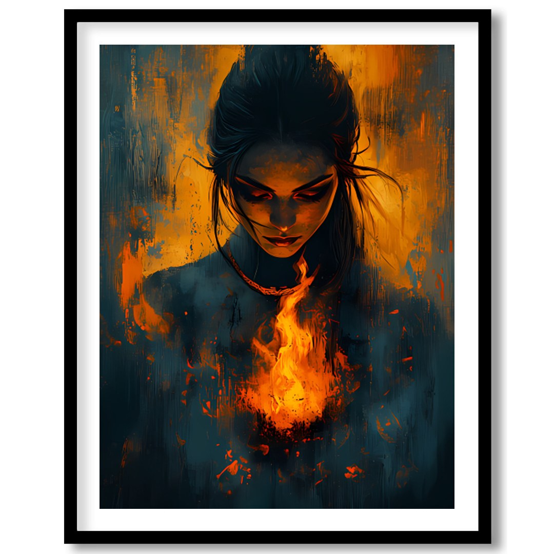 Immerse yourself in the captivating balance of fire and mystery with this evocative artwork. for gallery