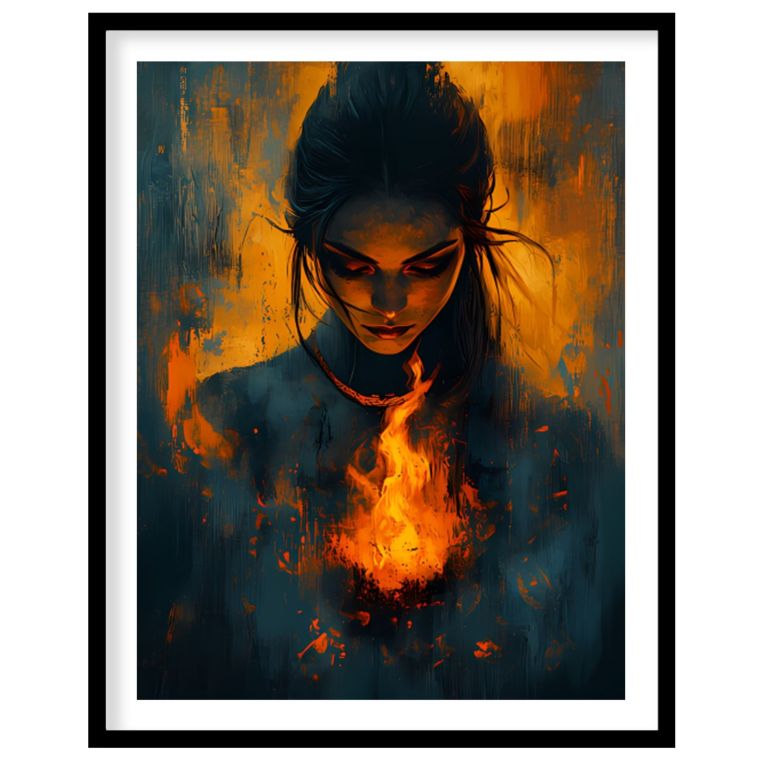 Immerse yourself in the captivating balance of fire and mystery with this evocative artwork. for gallery