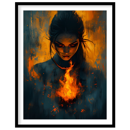 Immerse yourself in the captivating balance of fire and mystery with this evocative artwork. for gallery
