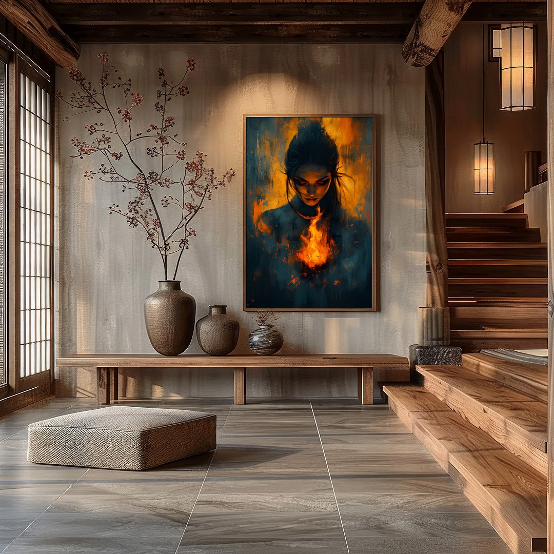 Immerse yourself in the captivating balance of fire and mystery with this evocative artwork. for Hall