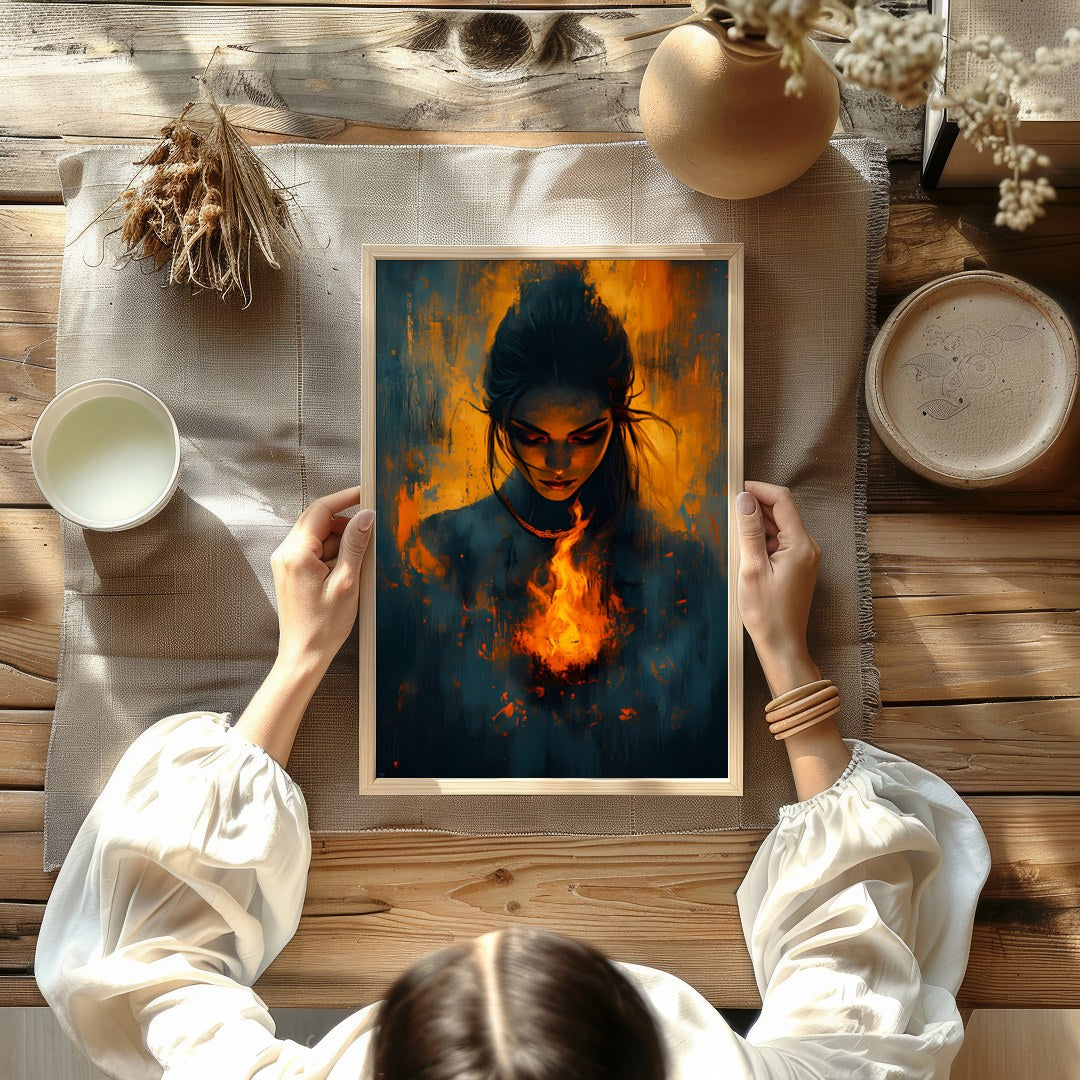 Immerse yourself in the captivating balance of fire and mystery with this evocative artwork. for Kitchen