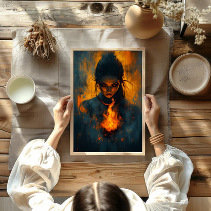 Immerse yourself in the captivating balance of fire and mystery with this evocative artwork. for Kitchen