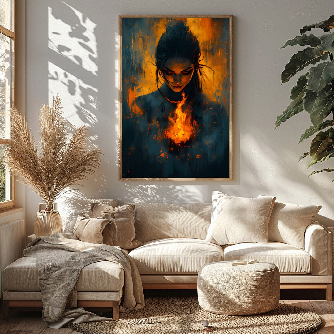 Immerse yourself in the captivating balance of fire and mystery with this evocative artwork. for Sitting Area