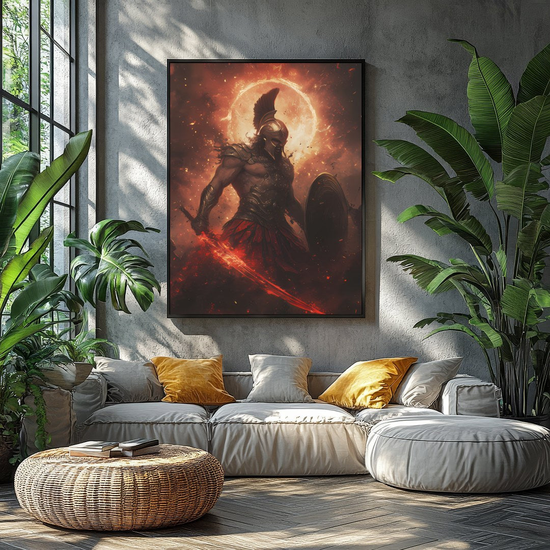 Dive into the mythic world with this striking artwork depicting Ares, the Greek god of war, in a for Balcony