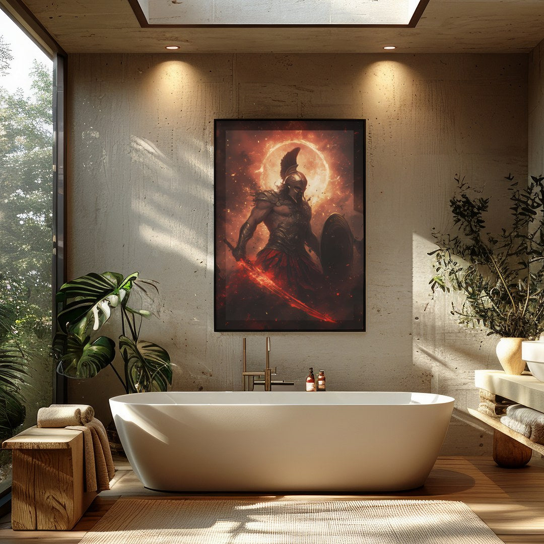 Dive into the mythic world with this striking artwork depicting Ares, the Greek god of war, in a for Bathroom