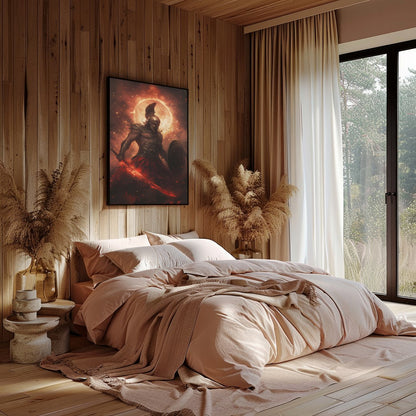 Dive into the mythic world with this striking artwork depicting Ares, the Greek god of war, in a for Bedroom