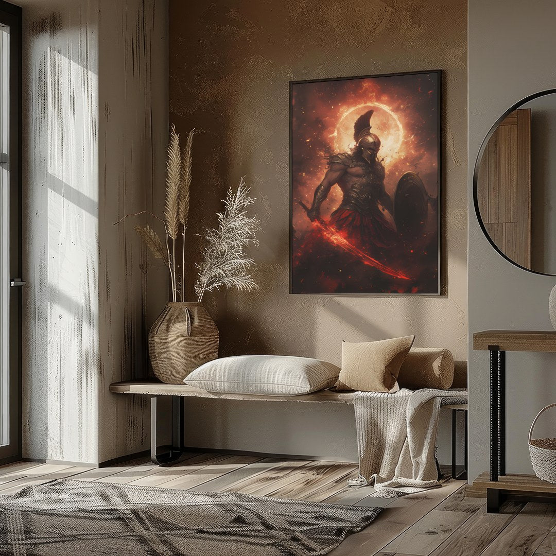 Dive into the mythic world with this striking artwork depicting Ares, the Greek god of war, in a for decor