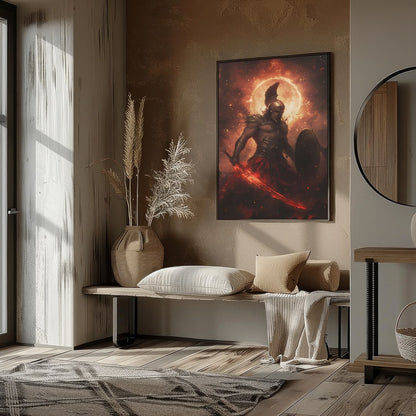 Dive into the mythic world with this striking artwork depicting Ares, the Greek god of war, in a for decor