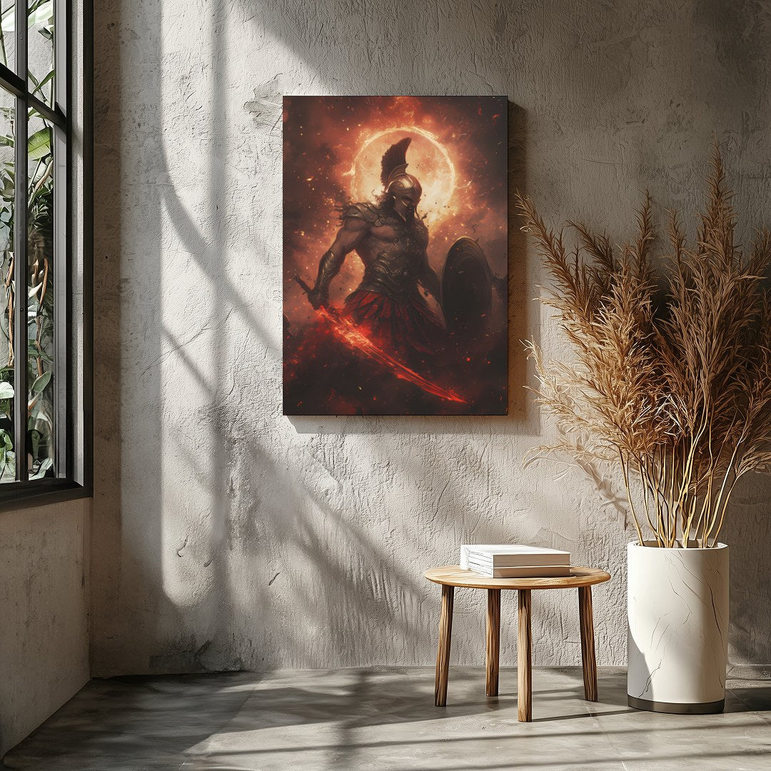 Dive into the mythic world with this striking artwork depicting Ares, the Greek god of war, in a for Entrance