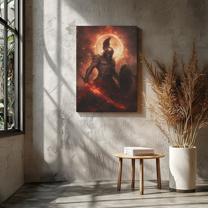 Dive into the mythic world with this striking artwork depicting Ares, the Greek god of war, in a for Entrance