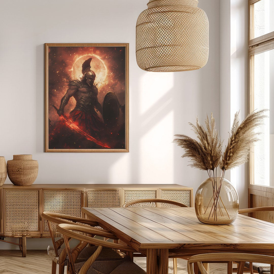 Dive into the mythic world with this striking artwork depicting Ares, the Greek god of war, in a for Extra Kitchen