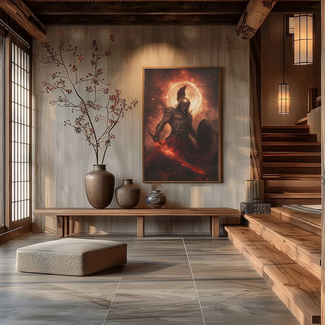 Dive into the mythic world with this striking artwork depicting Ares, the Greek god of war, in a for Hall