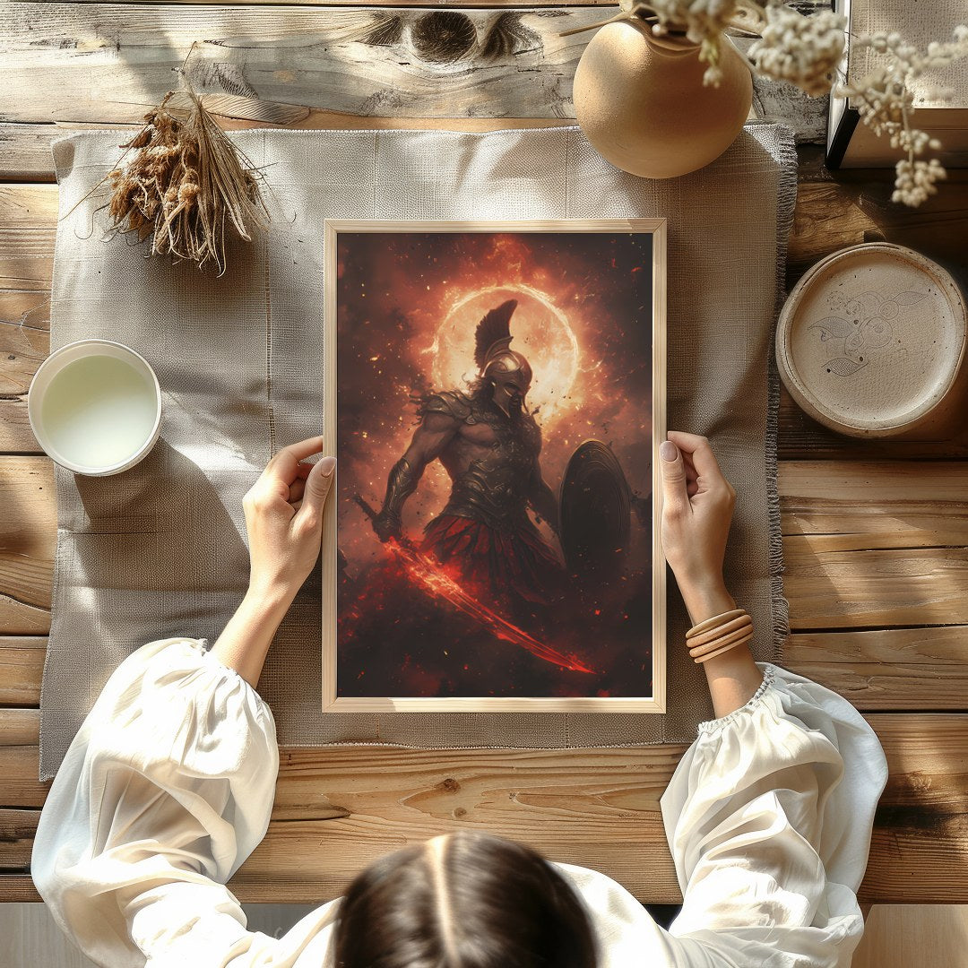 Dive into the mythic world with this striking artwork depicting Ares, the Greek god of war, in a for Kitchen