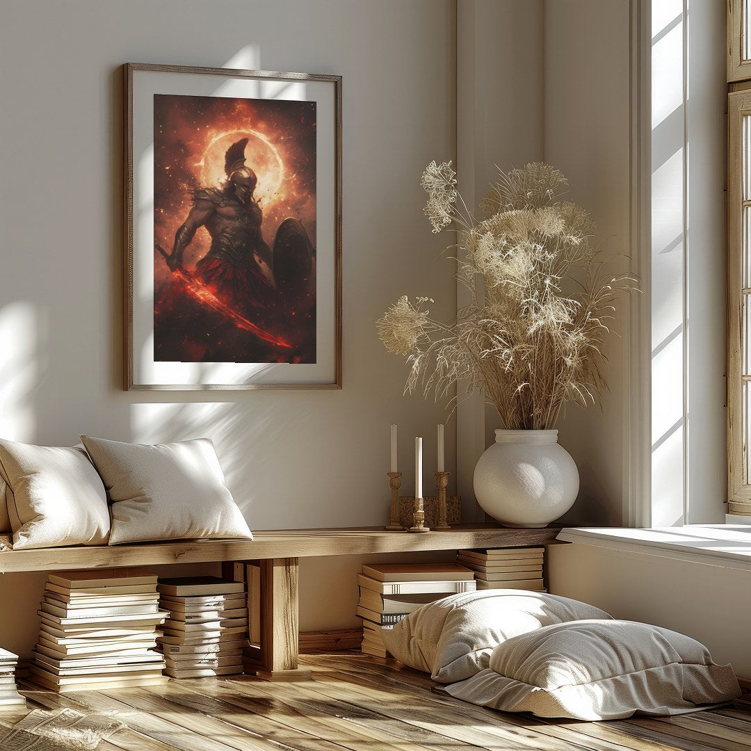 Dive into the mythic world with this striking artwork depicting Ares, the Greek god of war, in a for lovely-house