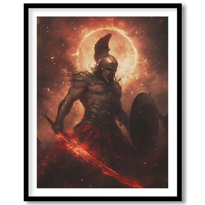 Dive into the mythic world with this striking artwork depicting Ares, the Greek god of war, in a for place