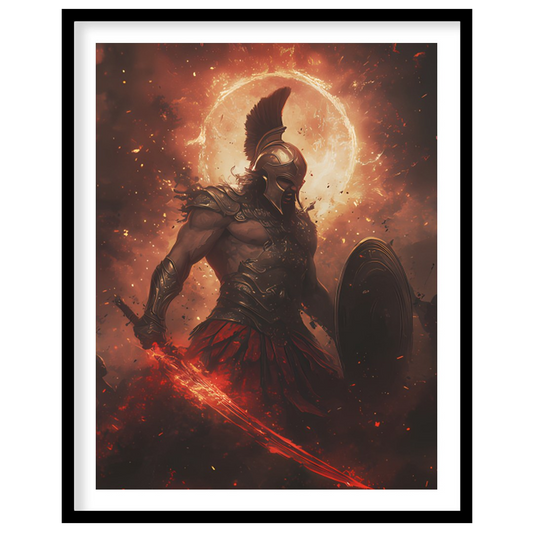 Dive into the mythic world with this striking artwork depicting Ares, the Greek god of war, in a for place