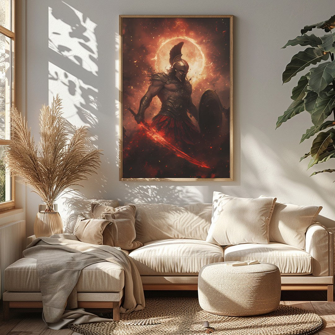 Dive into the mythic world with this striking artwork depicting Ares, the Greek god of war, in a for Sitting Area