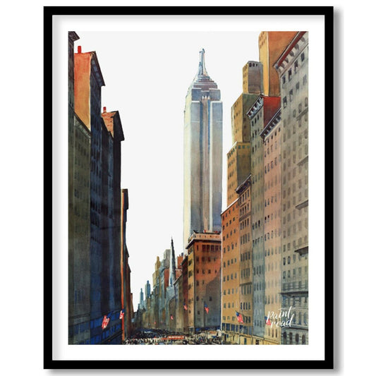 Fifth Avenue Empire State Painting available online at Paintroad showing American flags architectural art and city life