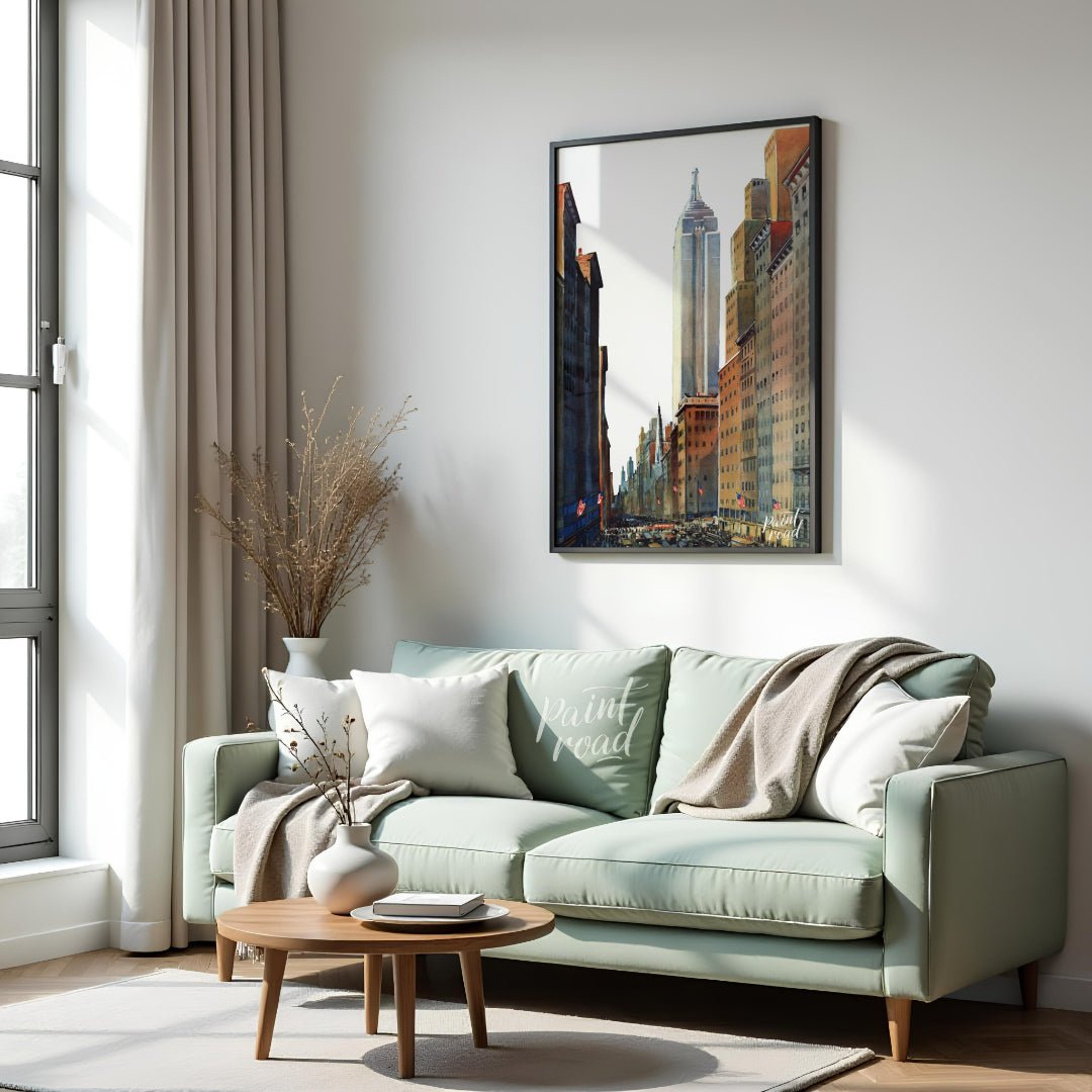 Fifth Avenue Empire State Painting available online at Paintroad showing American flags architectural art and city life