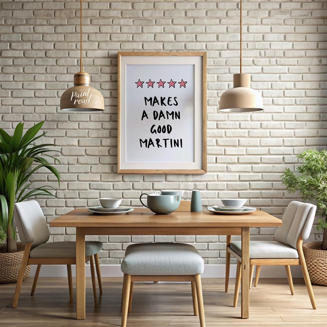 A fun and playful graphic design featuring the phrase "Makes a Damn Good Martini" written in a bold… for dining room