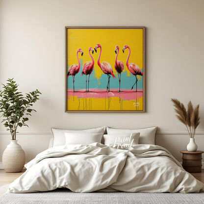 "Flamingo Fiesta" presents a vibrant canvas print featuring five pink flamingos against a backdrop … for bedroom