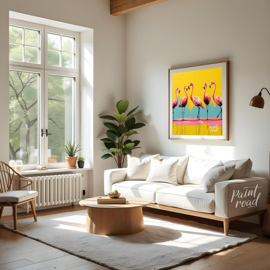 "Flamingo Fiesta" presents a vibrant canvas print featuring five pink flamingos against a backdrop … for living room