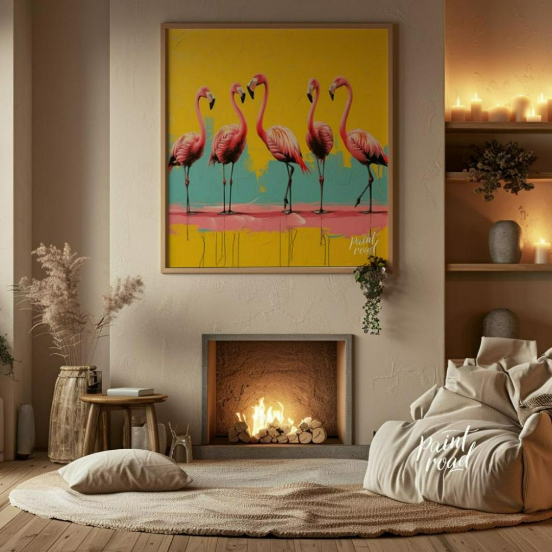"Flamingo Fiesta" presents a vibrant canvas print featuring five pink flamingos against a backdrop … for living room
