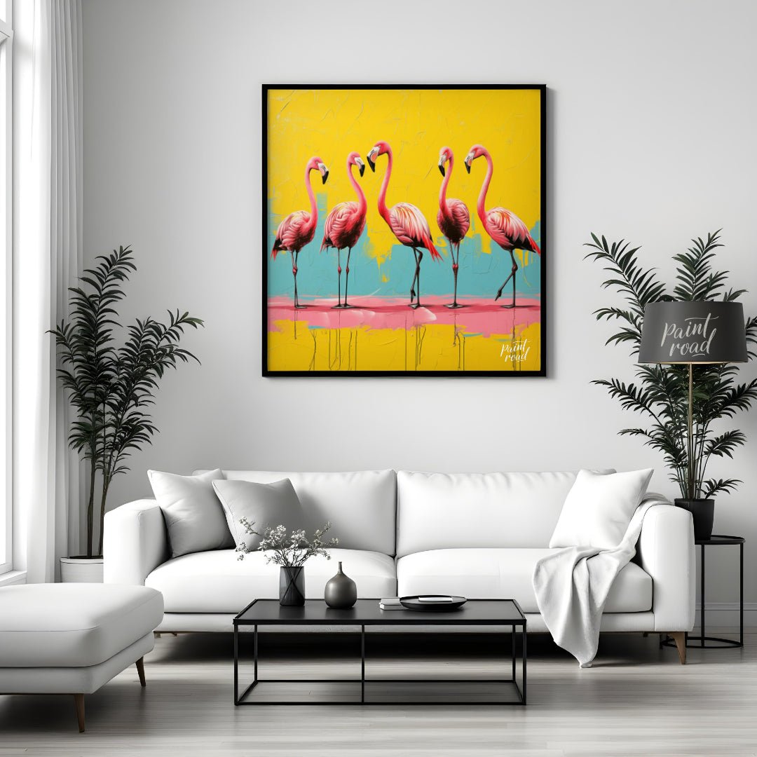 "Flamingo Fiesta" presents a vibrant canvas print featuring five pink flamingos against a backdrop … for living room
