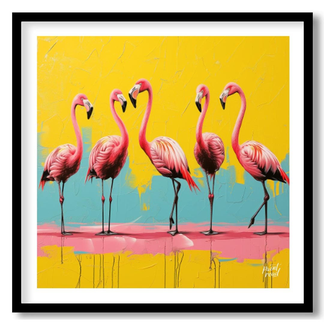 "Flamingo Fiesta" presents a vibrant canvas print featuring five pink flamingos against a backdrop … for lovely house