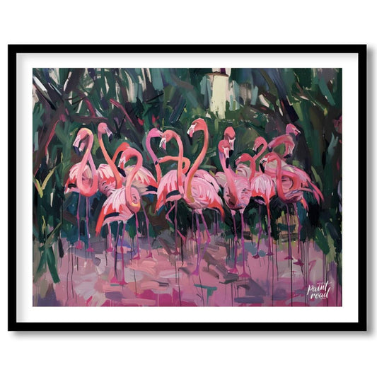 This expressive painting captures a vibrant gathering of flamingos amidst lush foliage. The artist … for abode